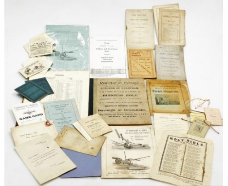 Various local related ephemera, booklets, etc., notes on Grantham Church, Palmers Almanck 1920, two speeches delivered by Lor