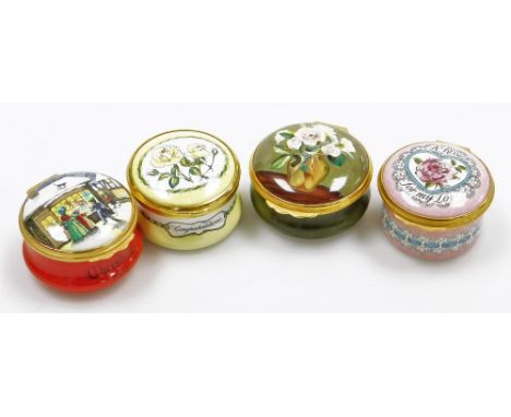 Various Pilol boxes, a Halcyon Days enamel box For My Love, of circular form, 5cm diameter, and three others. (4)