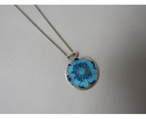 A 1970's silver enamel blue poppy pendant necklace by Norman Grant (Ionic double loops to pendant) Stamped Silver verso