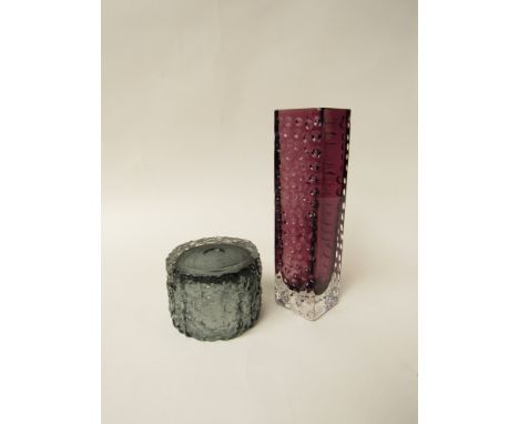 A Whitefriars Geoffrey Baxter aubergine nailhead glass vase and bark lighter base. Tallest 17cm  