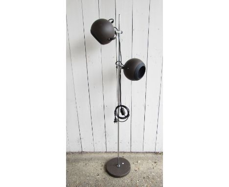 A brown painted standard lamp with two spherical spotlights