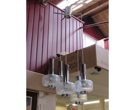 A five branch pendant ceiling light with hanging chromed metal and crackle glass shades
