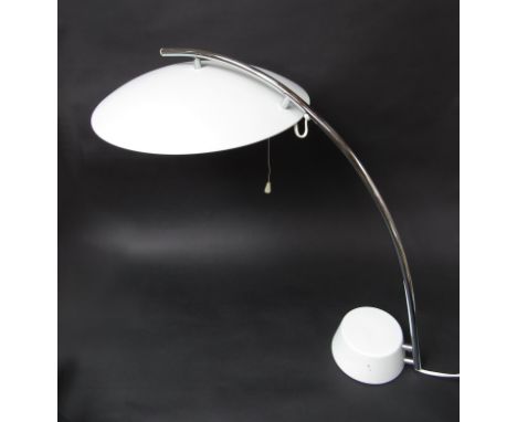 A white painted metal desk lamp with a curved chromed tubular metal arm