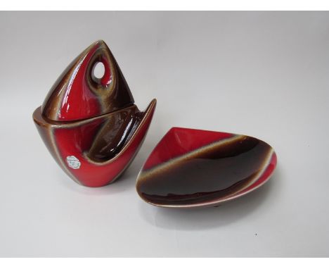 A circa 1950's Denicotea tobacco jar/pipe holder and matching dish in brown and red glazes. Tallest 18.5cm
