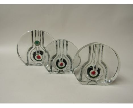 Three Walther glass solifleurs with green and red enamel bulls eye decoration. Tallest 14cm