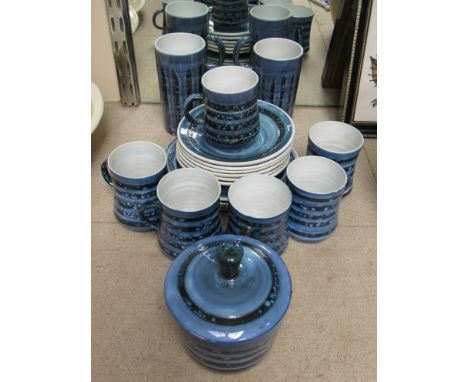 Rye pottery - six coffee cups and saucers, two mugs, a covered sugar bowl and four tea plates