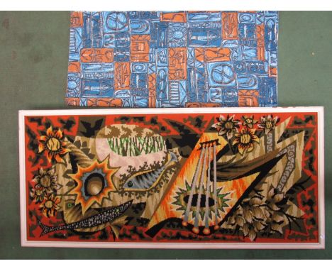 A 1950's French wool tapestry designed by Robert Debieve and a length of 50's material. Tapestry 47cm x 108cm