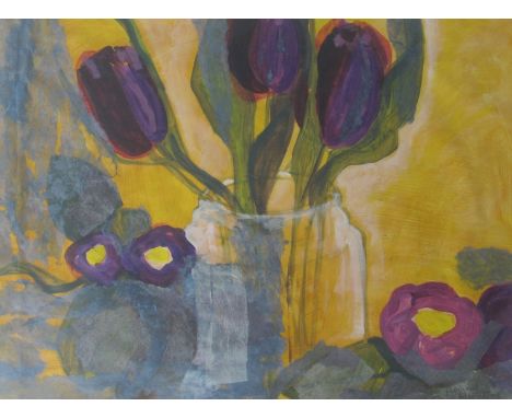 PENNY HUNT: A signed mixed media waterclour and collage, still life of tulips, 59cm x 79.5cm