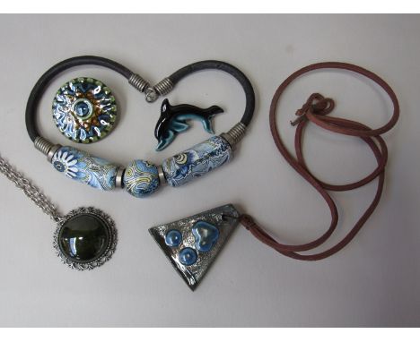 1970's studio pottery necklaces and jewellery including Poole pottery dolphin brooch, June Arnison studio pottery pendant etc