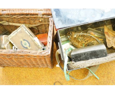 Wicker fishing basket &amp; vintage fishing contents plus 1 other 