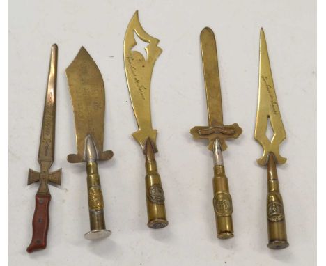 Quantity of five First World War trench art Bullet paper knives