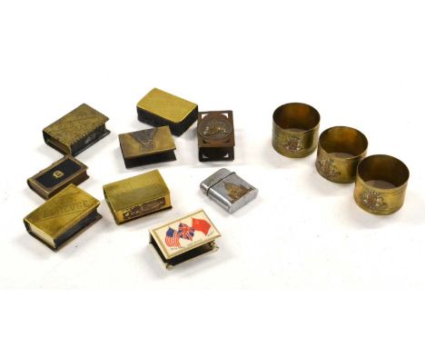 Quantity of First World War trench art to include seven brass English and German matchbox cases, three napkin rings and two t