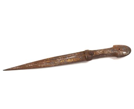 Caucasian Kindjal style dagger lacking scabbard with beautiful highly decorated gold and silver inlay decoration to blade and