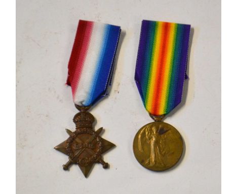 First World War British medal pair to include 1914-15 Star and 1914-19 Victory medal both impressed to 2397 Pte H Foulds, Wes