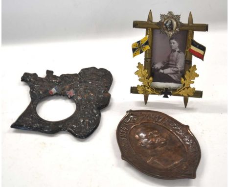 Small quantity of three First World War items to include First World War German trench art picture frame made out of Imperial