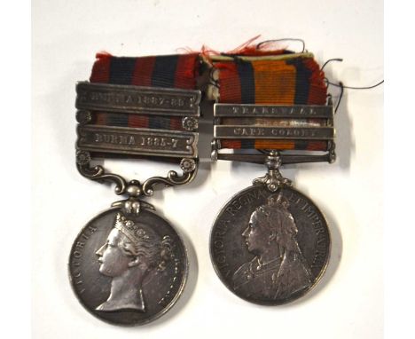 British Victorian Medal pair to include Indian General Service Medal with Burma 1885-87 clasp, Burma 1887-89 clasp and Queens