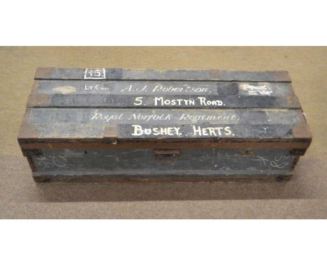 20th Century military foot locker trunk made by Hawkes &amp; Co Ltd of Saville Row, addressed to Lieutenant Colonel A J Rober