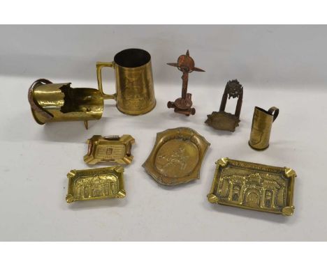 Quantity of First World War trench art to include ashtrays, coal skuttle, tankards, watch stand etc (9)