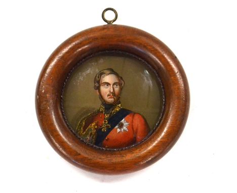 Early 20th Century miniature portrait hand painted on glass of possibly Prince Albert wearing military uniform with a Disting
