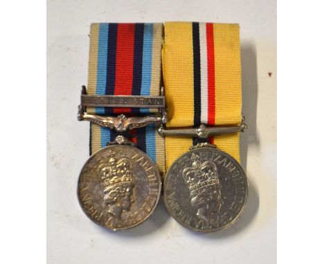 Elizabeth II medal pair to include Operational Service Afghanistan medal with Elizabeth II Iraq Operation Telic medal, impres