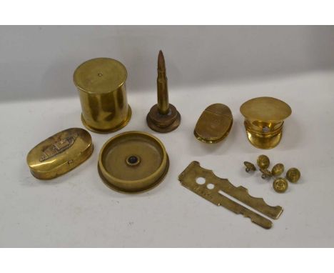 Quantity of First World War trench art to include large brass snuff box, Royal Tank Corp emblem to lid, brass SD Service cap 
