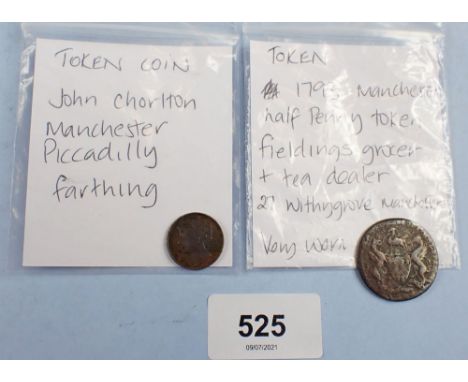 Tokens (2) including: John Chorlton Manchester Piccadilly, Victoria portrait 1860 farthing, Fieldings Grocer and Tea dealer M