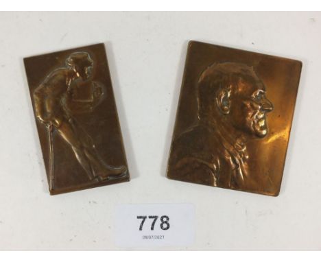 A miniature bronze plaque of an old man by Joe Prinz and another of a man lighting a cigarette by K Perl - 6.5  5.5 and 6.5 x