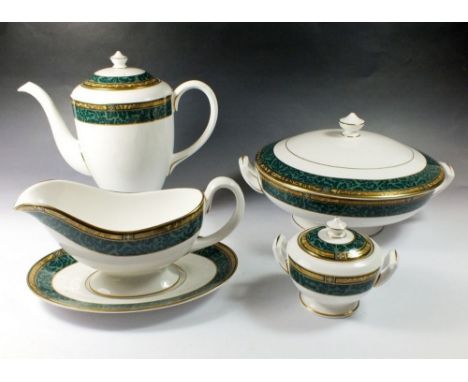 A Royal Worcester Damask dinner and tea service comprising coffee pot, seven coffee cups and eight saucers, eight cake plates