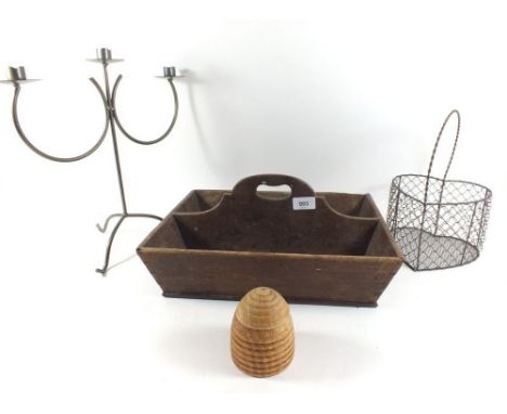 A 19th century oak cutlery box, a treen honey pot, a metal heart basket and a candlestick 