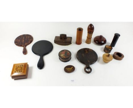 A box of treen to include pots, trinket boxes together with three hand mirrors