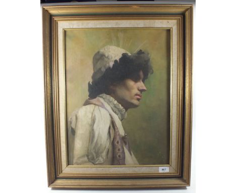 An early 20th century oil on canvas self portrait of a young man dressed as a Pierrot or Priest in an Italian style - 49 x 39