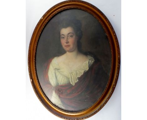 A Victorian oval oil on canvas portrait of a woman after Kneller, 72 x 56cm 