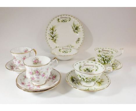 A pair of Royal Albert 'Snowdrop' cups and saucers, a side plate and small bowl and two Victoriana cups and three saucers 