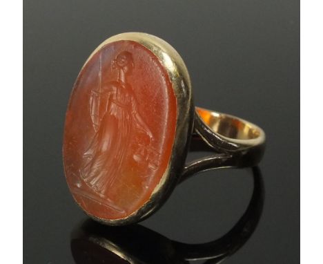 A Georgian gold signet ring set cornelian carved cameo of a woman, size O 