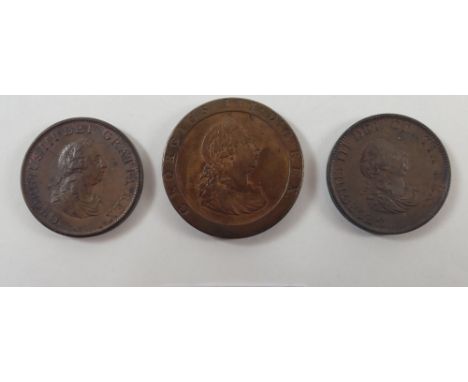 Three George III copper/bronze coins all Soho Mint including: penny 1797, half pennies 2 off 1799 with underlying lustre - Co