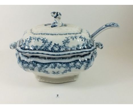 A large Edwardian Booths blue and white tureen and cover with ladle 