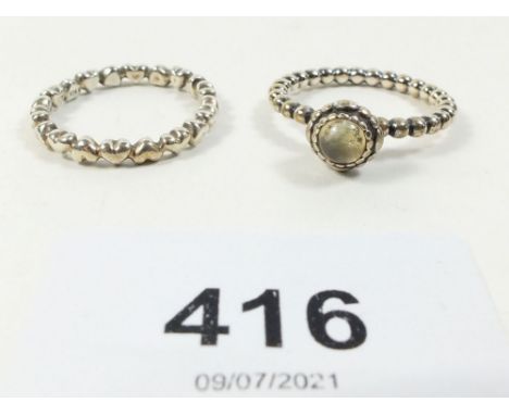 Two Pandora dress rings in boxes, size O and size N. 