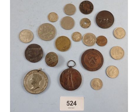 A miscellaneous lot of world coinage and medallions including: Victoria's Jubilee 1887, Army Rifle Association M.G Cup, Strat