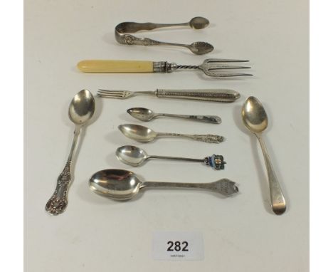 A collection of various silver cutlery including cake fork, sugar tongs and a Glasgow teaspoon 1877, maker WC?, 172g weighabl