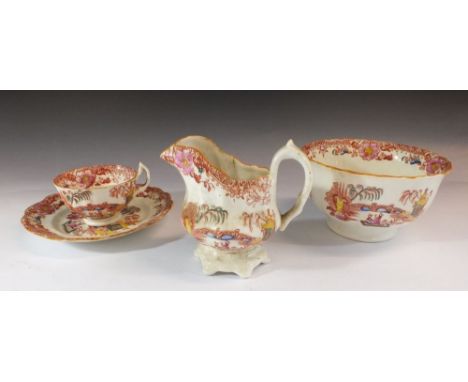 A Victorian Staffordshire chinoiserie tea service decorated figures and landscapes comprising: twelve cups and saucers, twelv