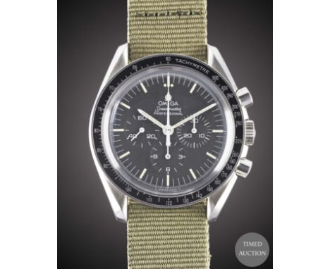 A GENTLEMAN'S STAINLESS STEEL OMEGA SPEEDMASTER PROFESSIONAL CHRONOGRAPH WRIST WATCH
CIRCA 1990, REF. ST 145022 WITH "LONG S 