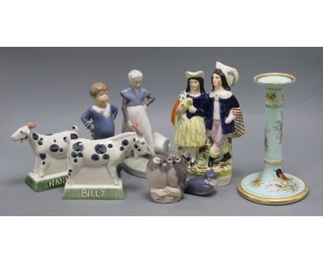 A Worcester candlestick, four pieces of Copenhagen, two Rye pottery goats and a Staffordshire figure