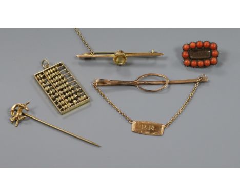 A 14k abacus pendant, a Victorian coral set mourning brooch, a stick pin, bar brooch and clip.