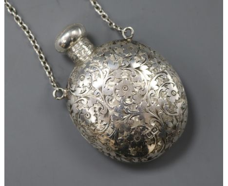 A late Victorian engraved silver ovoid scent flask, Colen Hewer Cheshire Chester 1900, 67mm.