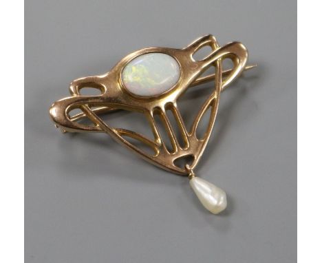 An Edwardian Art Nouveau 9ct gold, white opal and baroque pearl drop brooch, 35mm.