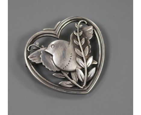 A Danish Georg Jensen sterling silver heart shaped robin and wheatsheaf brooch, no. 239, 1933-1944 mark, 37mm.
