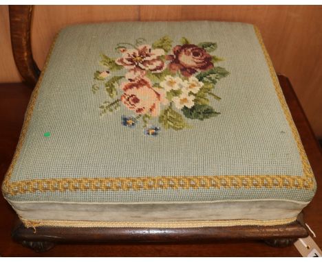 A Victorian square footstool with floral tapestry top W.40.5cm