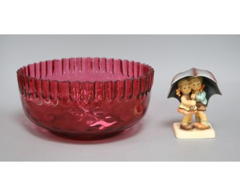 A cranberry bowl and a Hummel figure bowl diameter 24cm