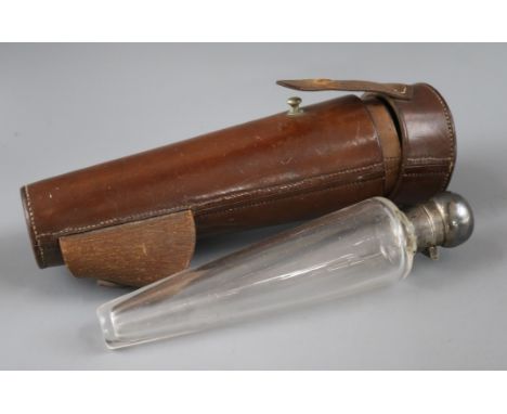 A leather cased silver plate mounted riding flask, early 20th century