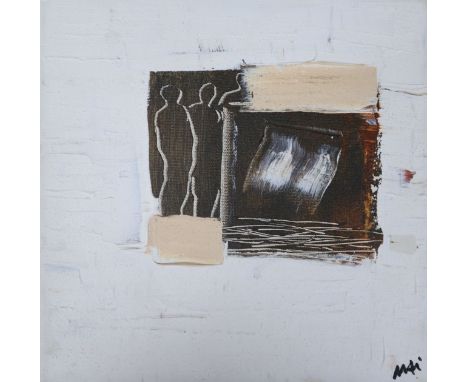 Ellen Mai, acrylic on canvas, Abstract figures, 26 x 26cm and two 20th century etching and aquatints, indistinctly signed